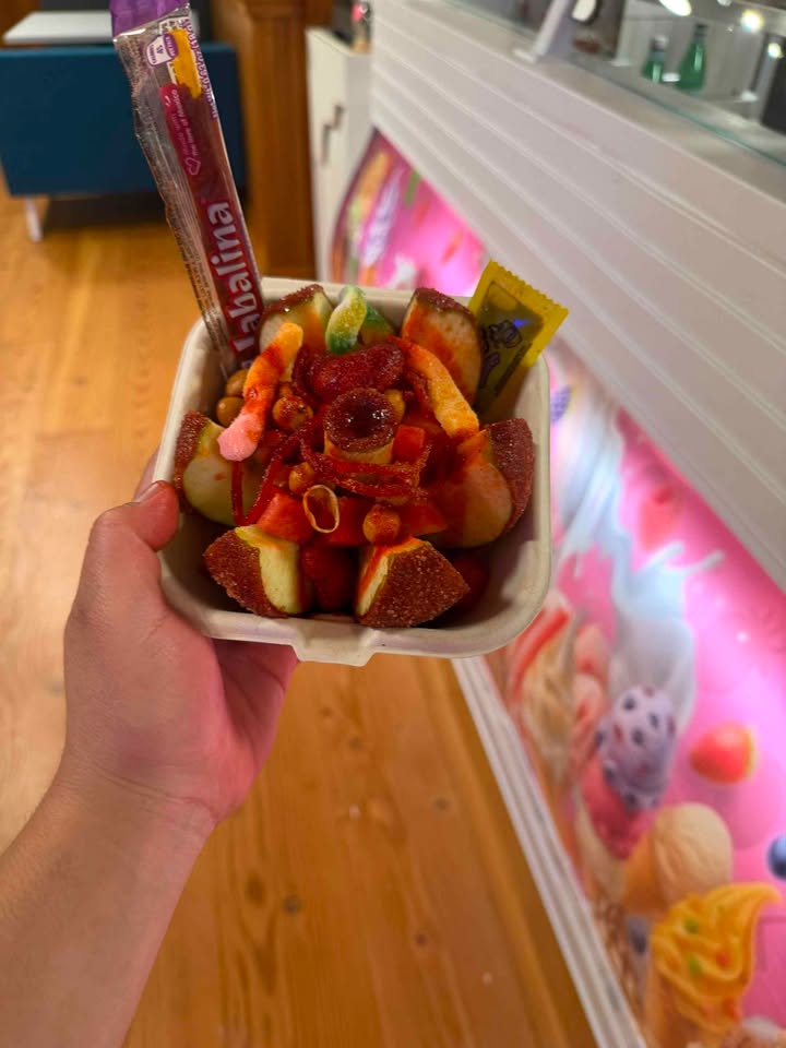 Coctel de frutas with Tajín, jabalina, and chamoy